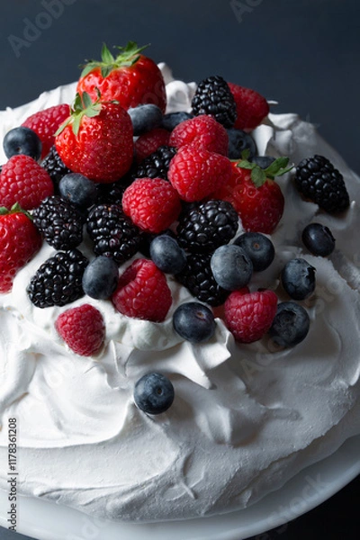 Obraz Mixed Berry Pavlova, tall marshmellow meringue topped with straberries, blueberries, blackberries and raspberries