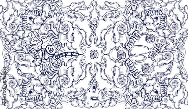 Fototapeta Doodle art pattern design in black and white brush style. It shows odd creatures interacting to give shape to new ones. The seamless design aligns in a mirrored way following two symmetrical axes