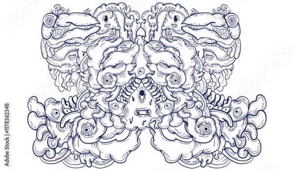 Fototapeta Doodle art pattern design in black and white brush style. It shows odd creatures interacting to give shape to new ones. The seamless design aligns in a mirrored way following two symmetrical axes