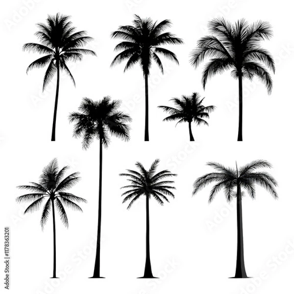 Fototapeta Silhouettes of Majestic Palm Trees Against a Vibrant Sunset Sky Creating a Tropical and Serene Atmosphere for Relaxation isolated on white background