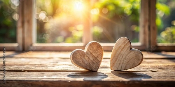 Fototapeta Two wooden hearts resting side by side on a rustic wooden table with natural sunlight peeking through a nearby window, creating an inviting ambiance , cozy atmosphere, home decor