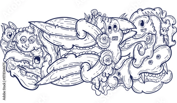Fototapeta Doodle art pattern design in black and white brush style. It shows odd creatures interacting to give shape to new ones. The seamless design aligns in a mirrored way following two symmetrical axes