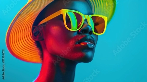 Fototapeta Surreal Fashion Statement, striking black woman adorned in neon glow, vibrant yellow sunglasses and hat, captured in a dynamic, bold artistic composition with dramatic illumination