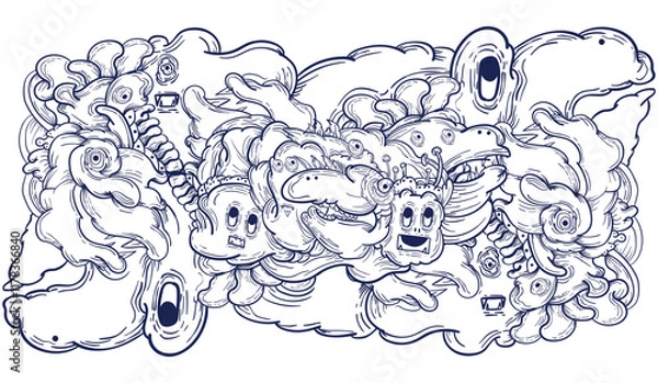 Fototapeta Doodle art pattern design in black and white brush style. It shows odd creatures interacting to give shape to new ones. The seamless design aligns in a mirrored way following two symmetrical axes