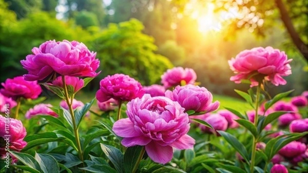 Fototapeta Vibrant pink peonies blooming in a lush garden, surrounded by lush greenery and sun-drenched trees, peonies, flowers,  peonies