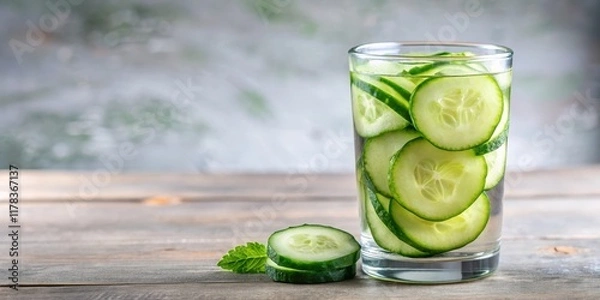 Fototapeta Fresh cucumber slices in a glass of chilled water , spa, soothing,  spa, soothing, calming