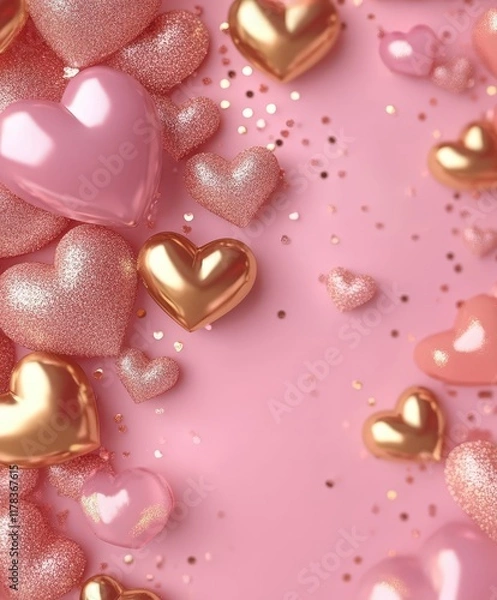 Fototapeta Pink and gold hearts dance across a soft pink background, creating a dreamy and romantic atmosphere perfect for celebrating love on Valentine's Day.