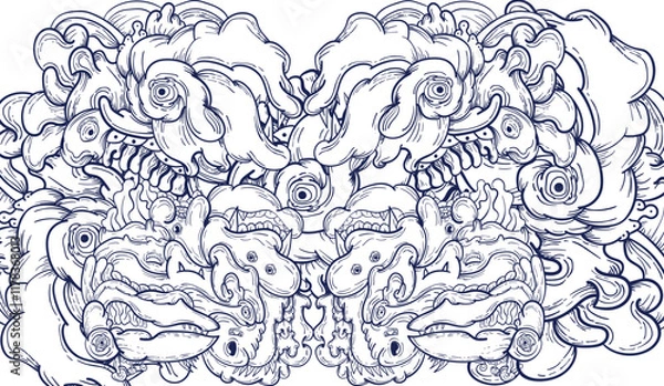 Fototapeta Doodle art pattern design in black and white brush style. It shows odd creatures interacting to give shape to new ones. The seamless design aligns in a mirrored way following two symmetrical axes