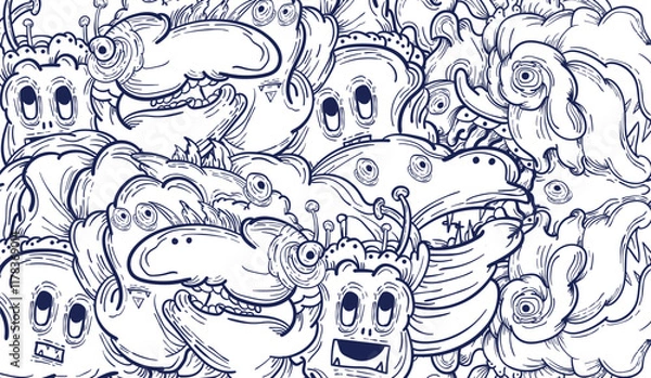 Fototapeta Doodle art pattern design in black and white brush style. It shows odd creatures interacting to give shape to new ones. The seamless design aligns in a mirrored way following two symmetrical axes