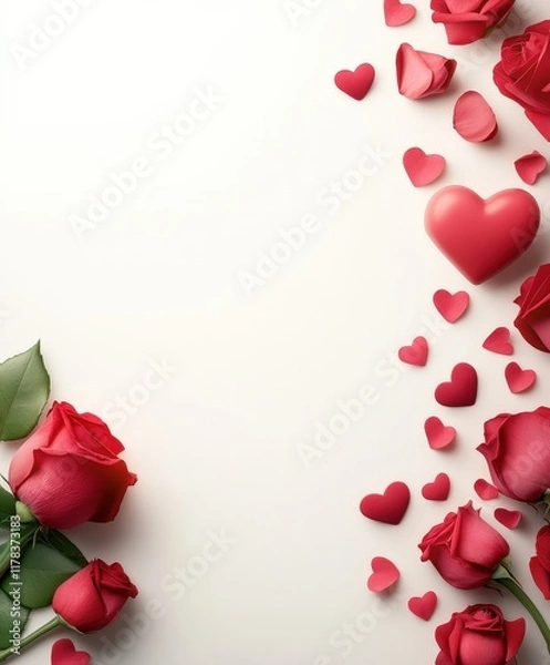 Fototapeta A romantic display of vibrant red roses and delicate hearts scattered on a pure white surface, capturing the essence of love and affection for Valentine's Day.