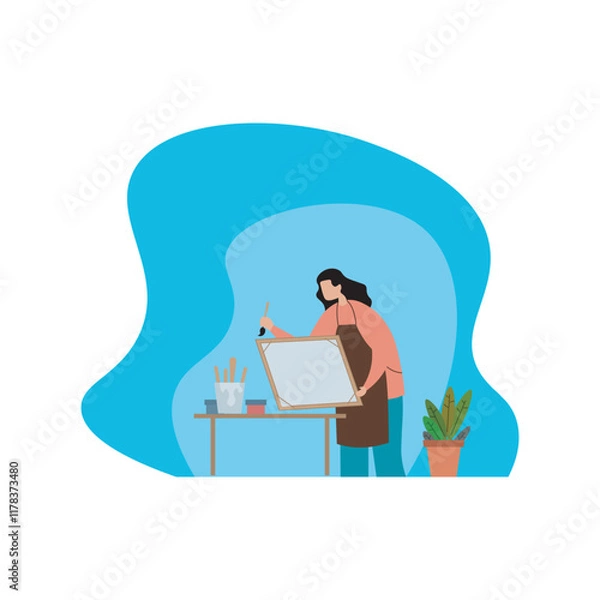 Obraz Illustration Of A Girl Painting On Canvas Simple Minimalist Background