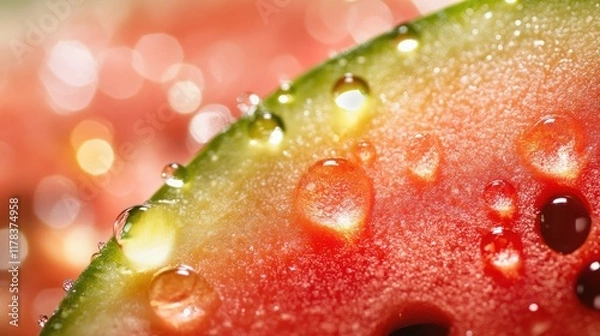 Fototapeta Juicy Watermelon Slice with Dew Drops Macro Photography