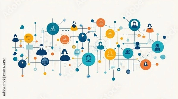 Fototapeta Global network connection, digital communication, teamwork, online collaboration, data visualization, abstract background, website banner