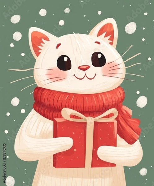 Fototapeta A charming cat cradles a beautifully wrapped gift, its eyes sparkling with excitement, embodying the spirit of love and joy this Valentine's Day.