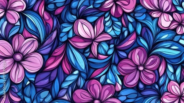 Fototapeta Light pink and blue vector doodle pattern with flowers and leaves. Abstract glittering illustration with leaves and flowers. Template for business cards and websites.