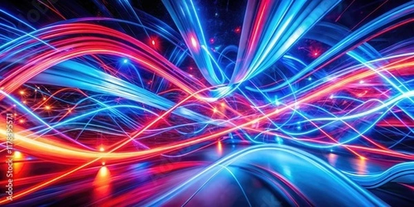 Fototapeta Abstract Blue Red Light Motion Background, Neon Glowing Lines, Double Exposure