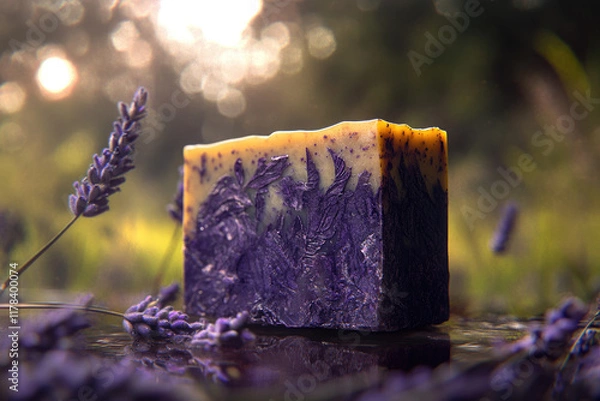 Fototapeta  A bar of handmade soap with lavender sprigs and a blurred natural setting
