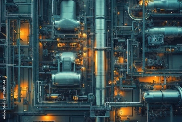 Fototapeta Futuristic Industrial Complex with Illuminated Pipes and Machinery in a High-Tech Facility at Night