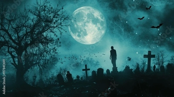 Obraz A haunting graveyard scene under a full moon with bats and eerie silhouettes.