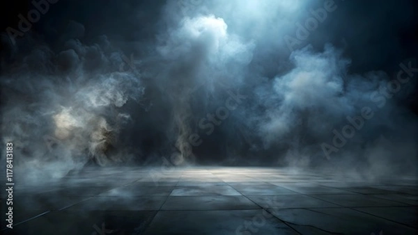 Fototapeta White smoke or fog flowing across the floor creates a mysterious and ethereal atmosphere. This effect is perfect for enhancing the ambiance of theatrical productions, photo shoots, or special events