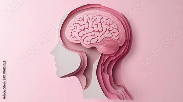 Obraz A layered paper-cut illustration of a profile with a brain, symbolizing mental processes.