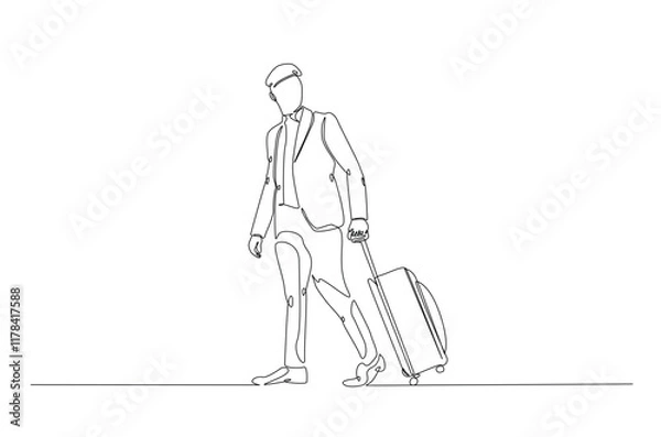 Fototapeta Businessman holding Luggage bag in continuous one line drawing. Single line art illustration of men with travel suitcase. Editable vector.
