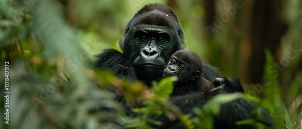 Fototapeta Mother and Baby Gorilla in a Lush Green Forest, Showcasing Bonding and Nature's Beauty with Intense Expression