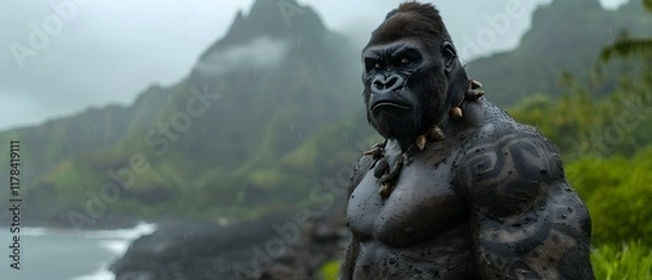 Fototapeta Majestic Mountain Jungle with Powerful Gorilla Concept in Rainy Environment