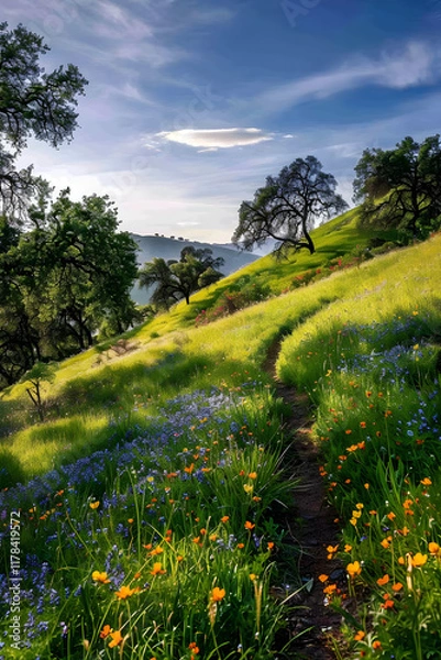 Fototapeta Scenic Hillside with Wildflowers and Winding Path Under Clear Blue Sky