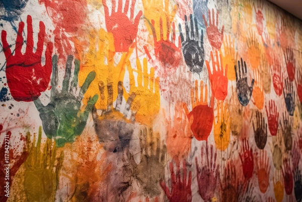 Obraz Wall covered in colorful handprints