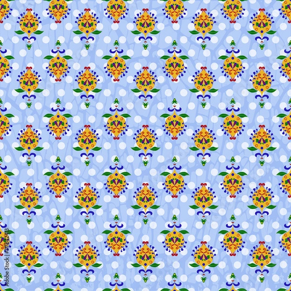 Obraz Colorful ornate seamless pattern on a blue background with dots. Vector