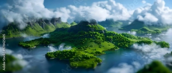 Fototapeta Lush Green Island Surrounded by Calm Waters and Soft Clouds in a Serene Landscape