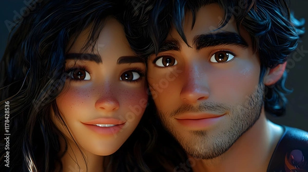 Fototapeta Couple's Portrait: Digital Art, Close-Up, Romantic,  Intimate, Young, Attractive,  Smiling,  Brown Hair, Brown Eyes,  Freckles, Realistic Style