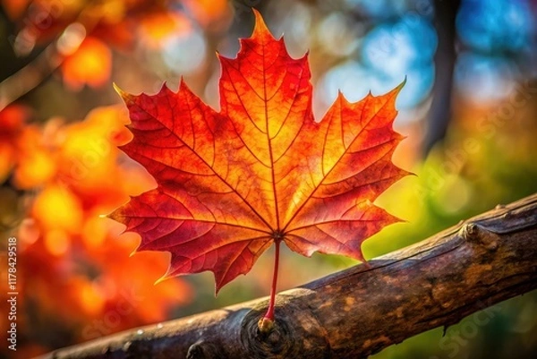 Fototapeta Autumn Maple Leaf Close-up, Vibrant Colors, Copy Space