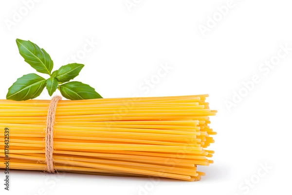 Fototapeta A bunch of yellow pasta with a green leaf on top