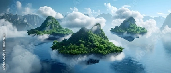 Fototapeta Surreal Floating Islands Above Tranquil Ocean with Lush Greenery and Dramatic Clouds in a Fantasy Landscape