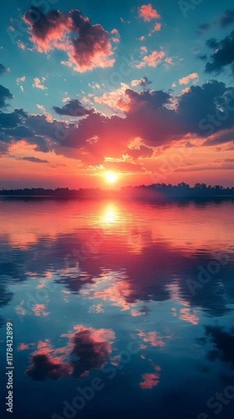 Fototapeta Sunset's Fiery Reflection on Calm Water