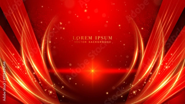 Obraz Elegant abstract background in deep red with golden glowing curves, dynamic light streaks effect