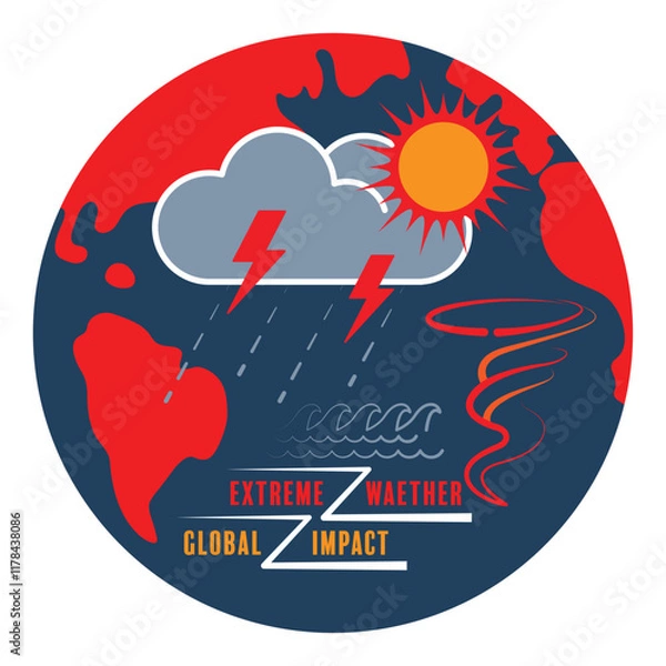 Obraz Dynamic vector illustration of extreme weather events, storm clouds, lightning, tornado, sun, and waves set against a stylized Earth. Perfect for climate and environmental themes.