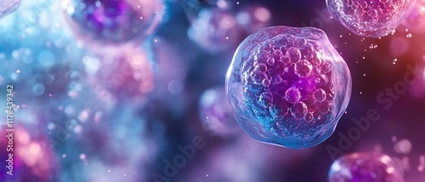 Fototapeta A detailed look at lymphocytes under a microscope showing their large nuclei and minimal cytoplasm in a blood sample