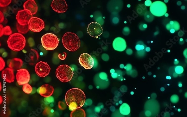 Fototapeta Detailed view of a blood sample under fluorescence microscopy showing stained red and white blood cells for research use