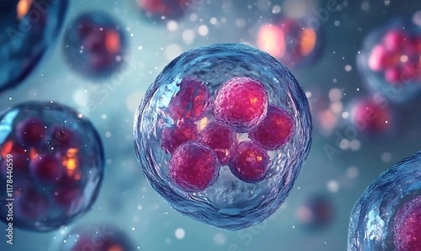 Fototapeta Microscopic capture of cytoplasmic activity during cell division, showing vesicle transport and spindle formation