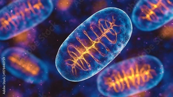 Fototapeta High-resolution image of mitochondria under fluorescence microscopy, showing their distribution and dynamic structure in the cytoplasm