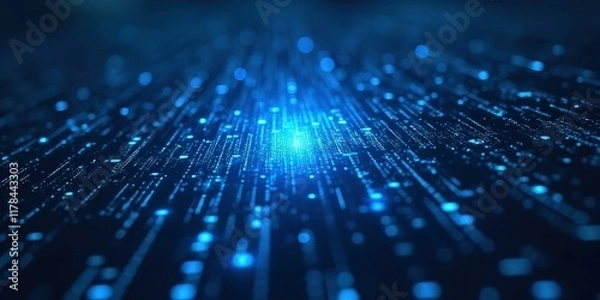 Fototapeta Digital River: Abstract digital data stream flowing towards a central point of light.  A captivating image representing connection, technology, and the flow of information.