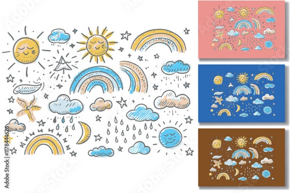 Fototapeta Cute hand-drawn weather elements set with suns, moons, rainbows, clouds, raindrops, and stars in a childish style.