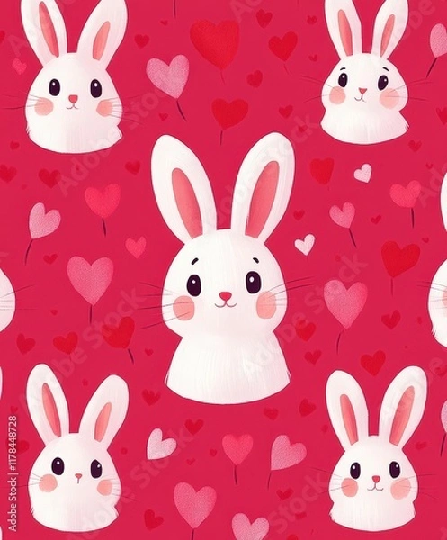 Fototapeta A whimsical scene filled with playful white rabbits adorned with pink hearts, set against a vibrant red backdrop, celebrating love and joy on Valentine's Day.
