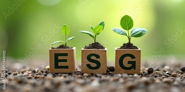Fototapeta ESG Growth:  Young plants sprout from wooden blocks spelling out "ESG" against a backdrop of lush greenery. This image symbolizes sustainable growth, ethical investments.