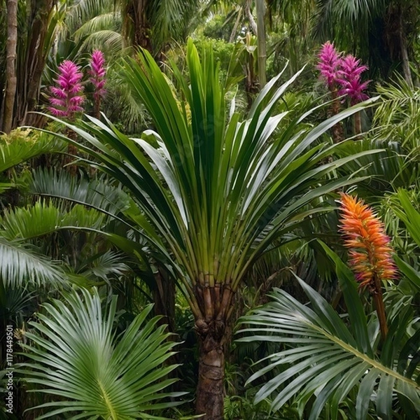 Fototapeta Tropical Flourish: Nikau Palm in Bloom Amidst a Diverse Ecosystem