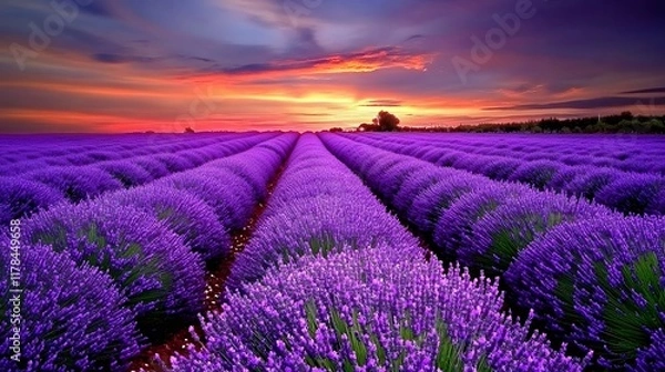 Fototapeta A serene lavender field under the twilight sky, with rows of purple flowers stretching to the horizon. captures the tranquility and beauty of nature