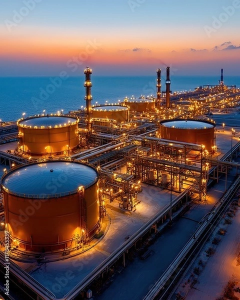 Fototapeta Aerial view of oil gas terminal concept, Aerial view of an expansive oil and gas terminal with storage tanks, pipelines, and loading docks along the coastline during sunset